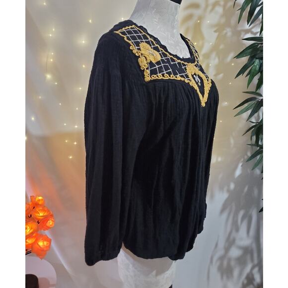 Free People Begonia Embroidered Black Flowy Boho Top Womens Size M Gold Hippie - Picture 8 of 12